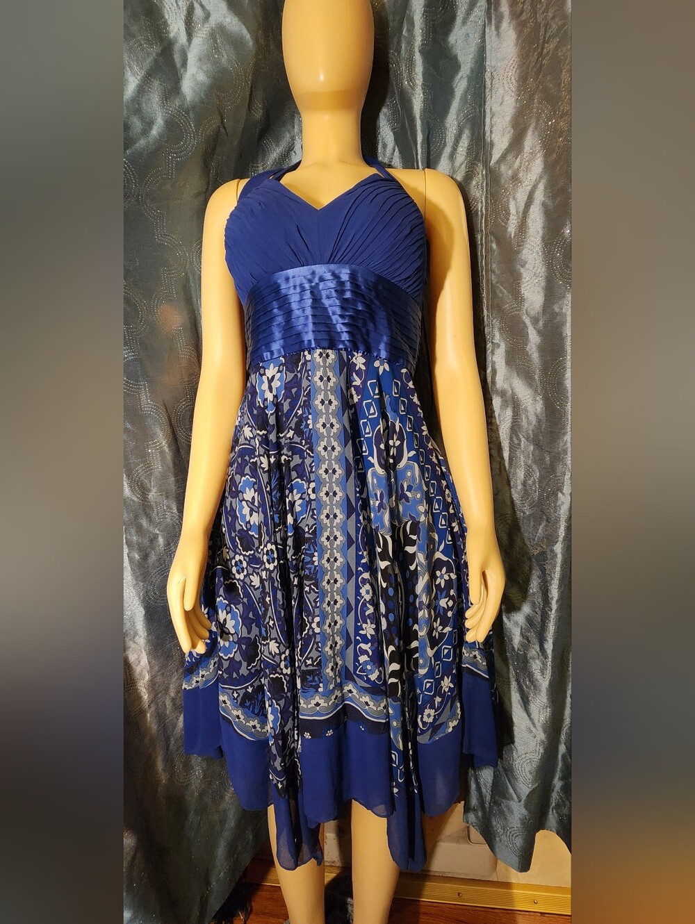 Signature by Sangria Royal Blue and Navy Asymmetrical Halter Dress